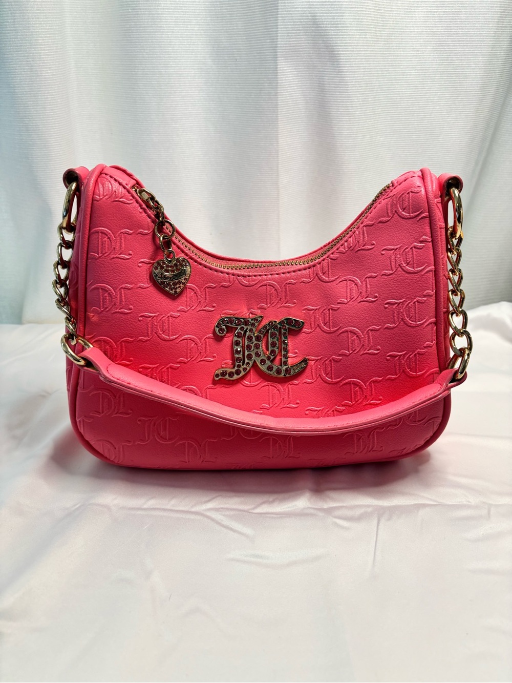 Y2K Juicy Couture Embossed Shoulder Bag with Gold Hardware and Crystal JC Logo